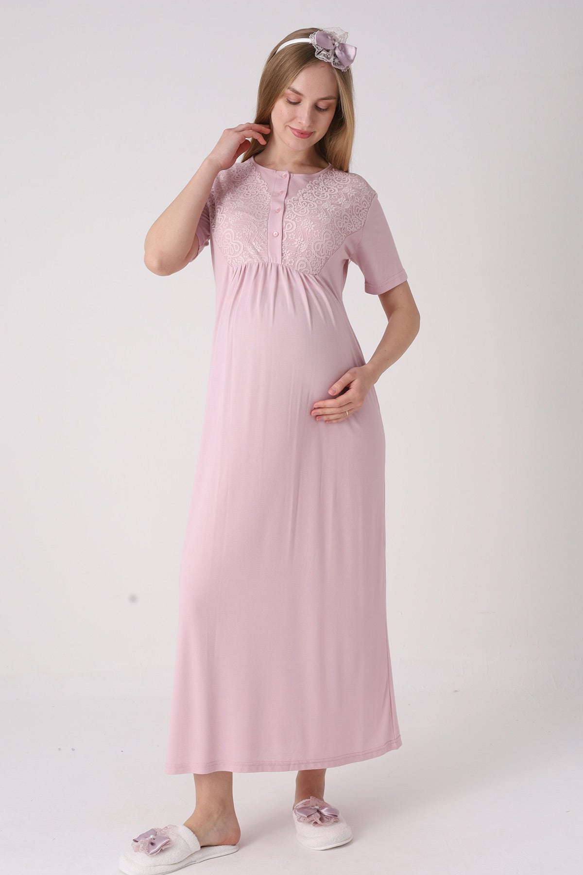 Delicate Lace Collar Maternity-Nursing Nightgown & Jacquard Robe Set Powder - 2332