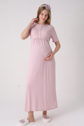 Delicate Lace Collar Maternity-Nursing Nightgown & Jacquard Robe Set Powder - 2332