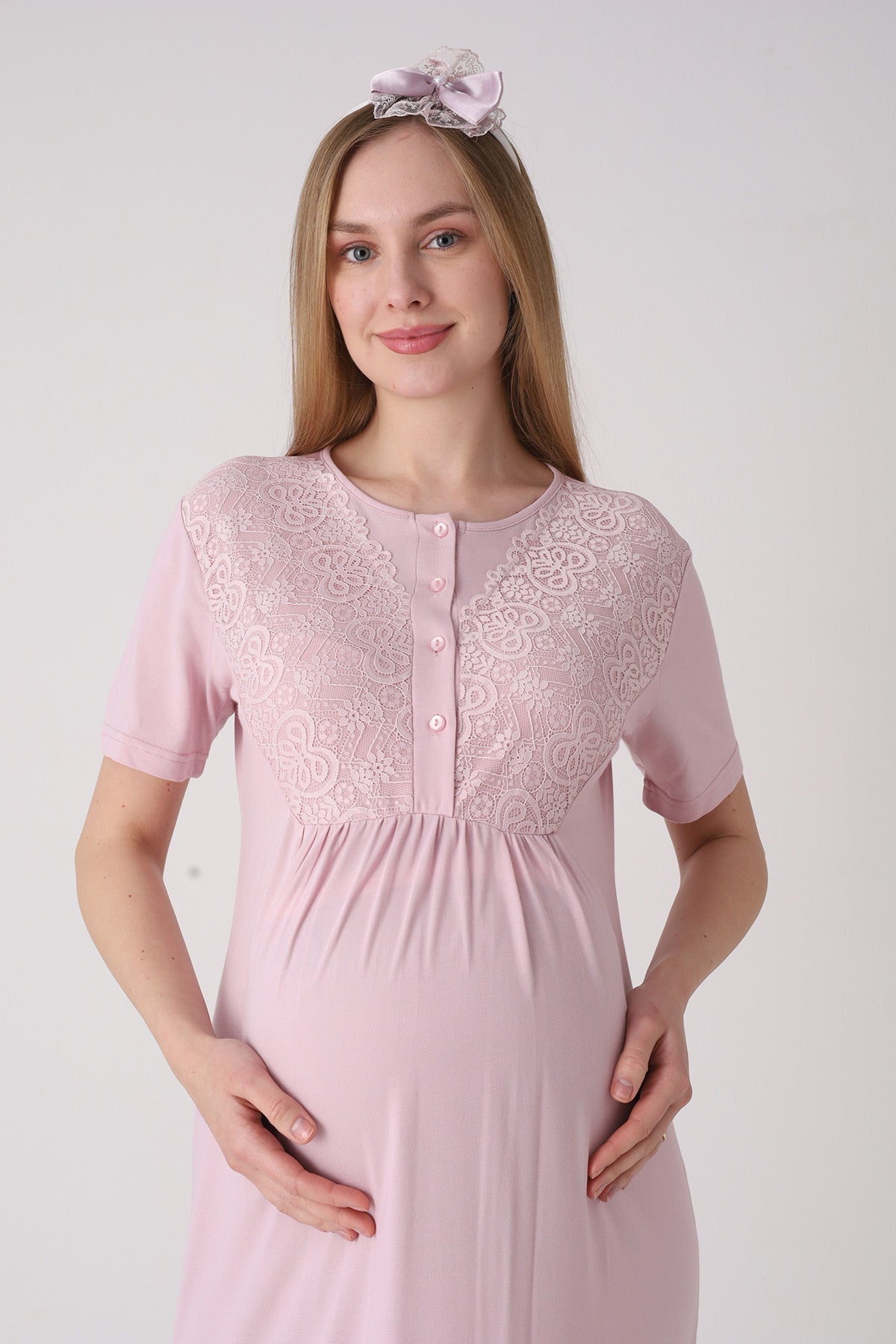Delicate Lace Collar Maternity-Nursing Nightgown & Jacquard Robe Set Powder - 2332