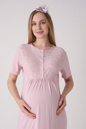 Delicate Lace Collar Maternity-Nursing Nightgown & Jacquard Robe Set Powder - 2332