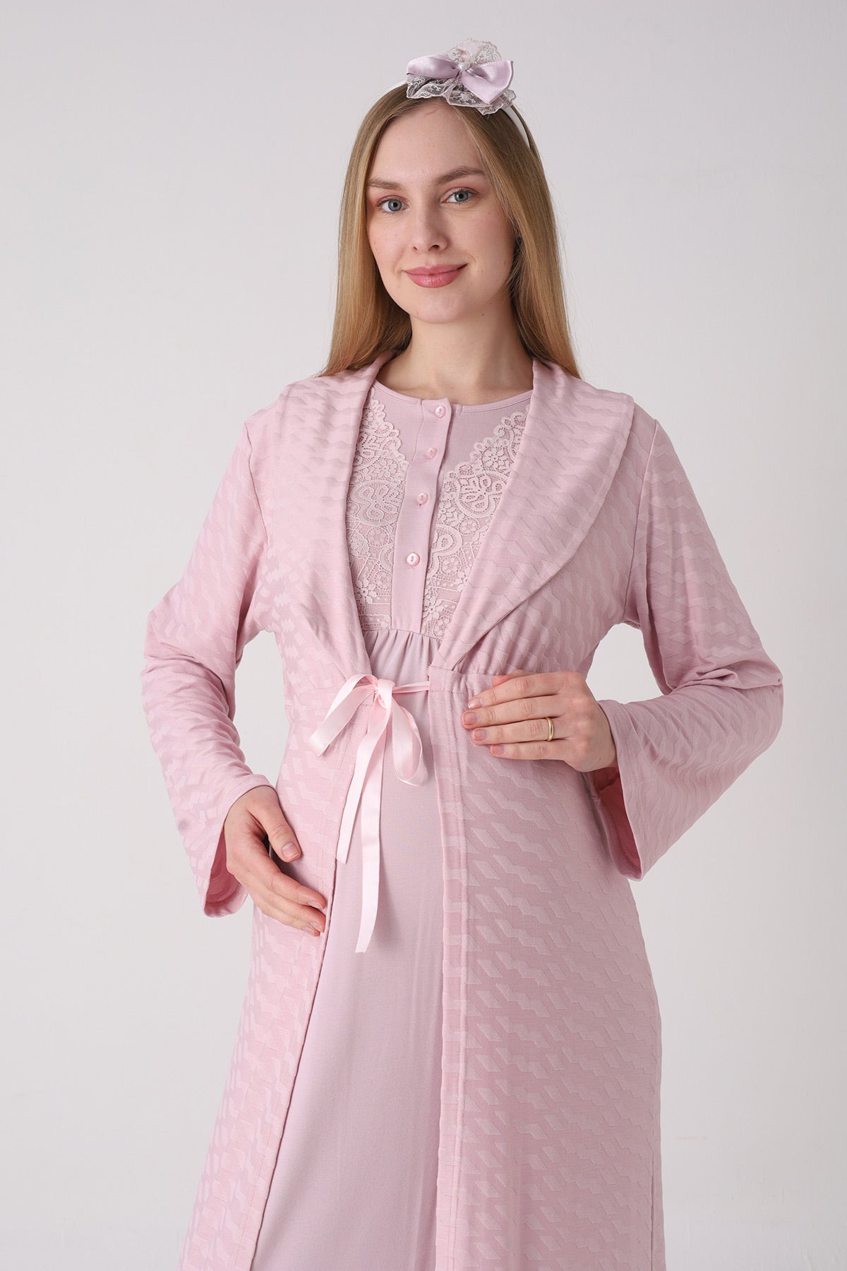 Delicate Lace Collar Maternity-Nursing Nightgown & Jacquard Robe Set Powder - 2332