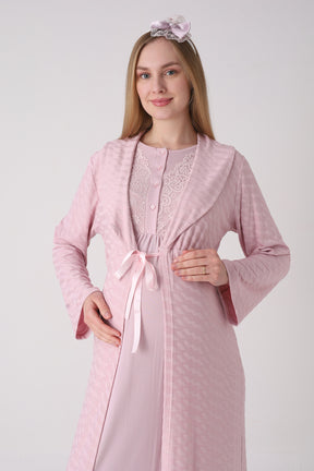 Delicate Lace Collar Maternity-Nursing Nightgown & Jacquard Robe Set Powder - 2332