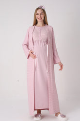Delicate Lace Collar Maternity-Nursing Nightgown & Jacquard Robe Set Powder - 2332