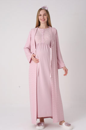 Delicate Lace Collar Maternity-Nursing Nightgown & Jacquard Robe Set Powder - 2332