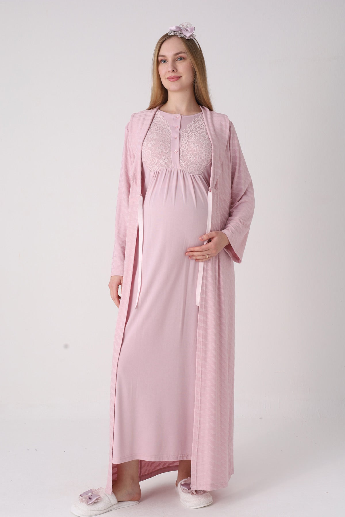 Delicate Lace Collar Maternity-Nursing Nightgown & Jacquard Robe Set Powder - 2332