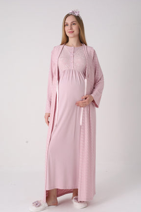 Delicate Lace Collar Maternity-Nursing Nightgown & Jacquard Robe Set Powder - 2332