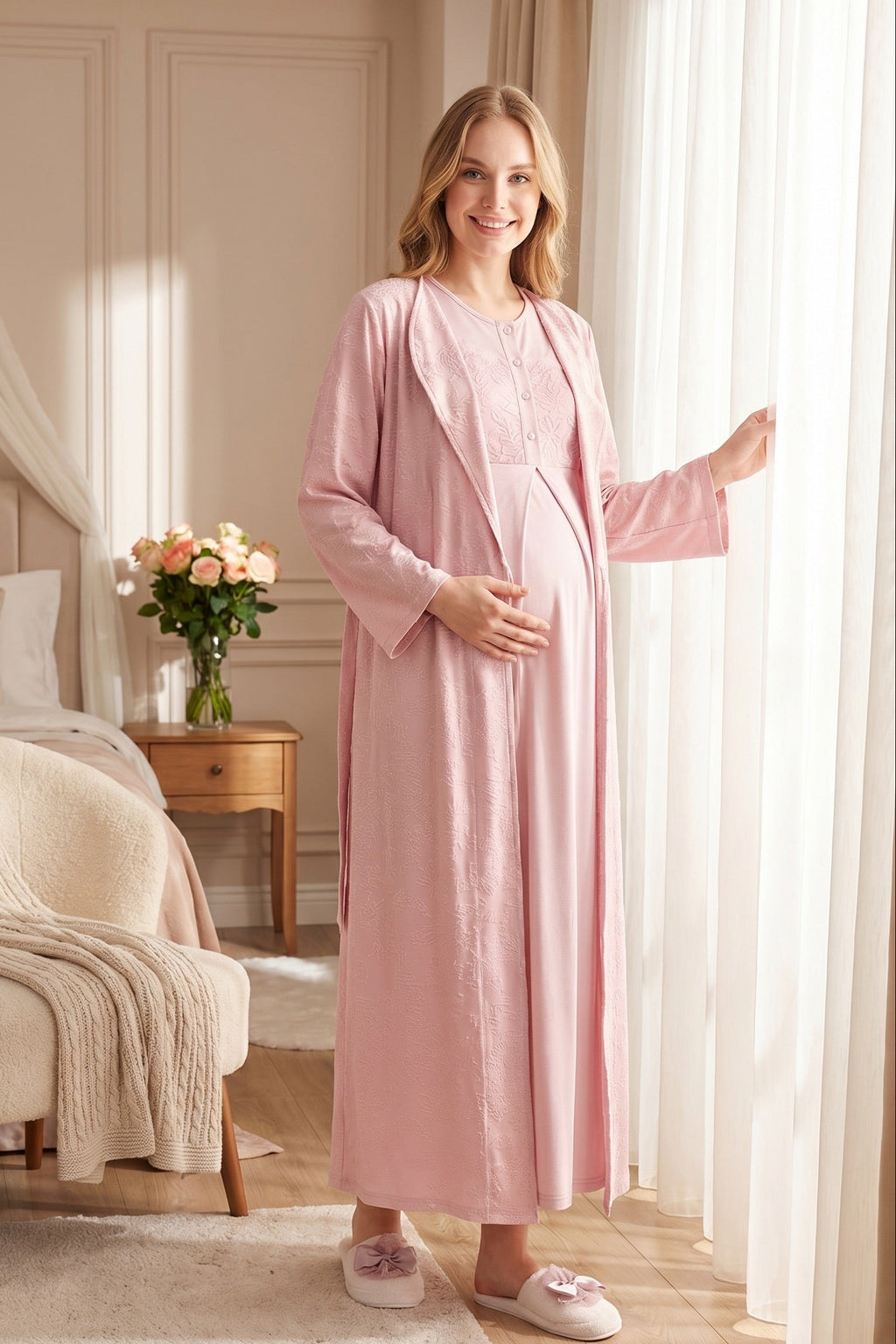 Classy Lace Collar Maternity-Nursing Nightgown & Jacquard Robe Set Powder - 2333