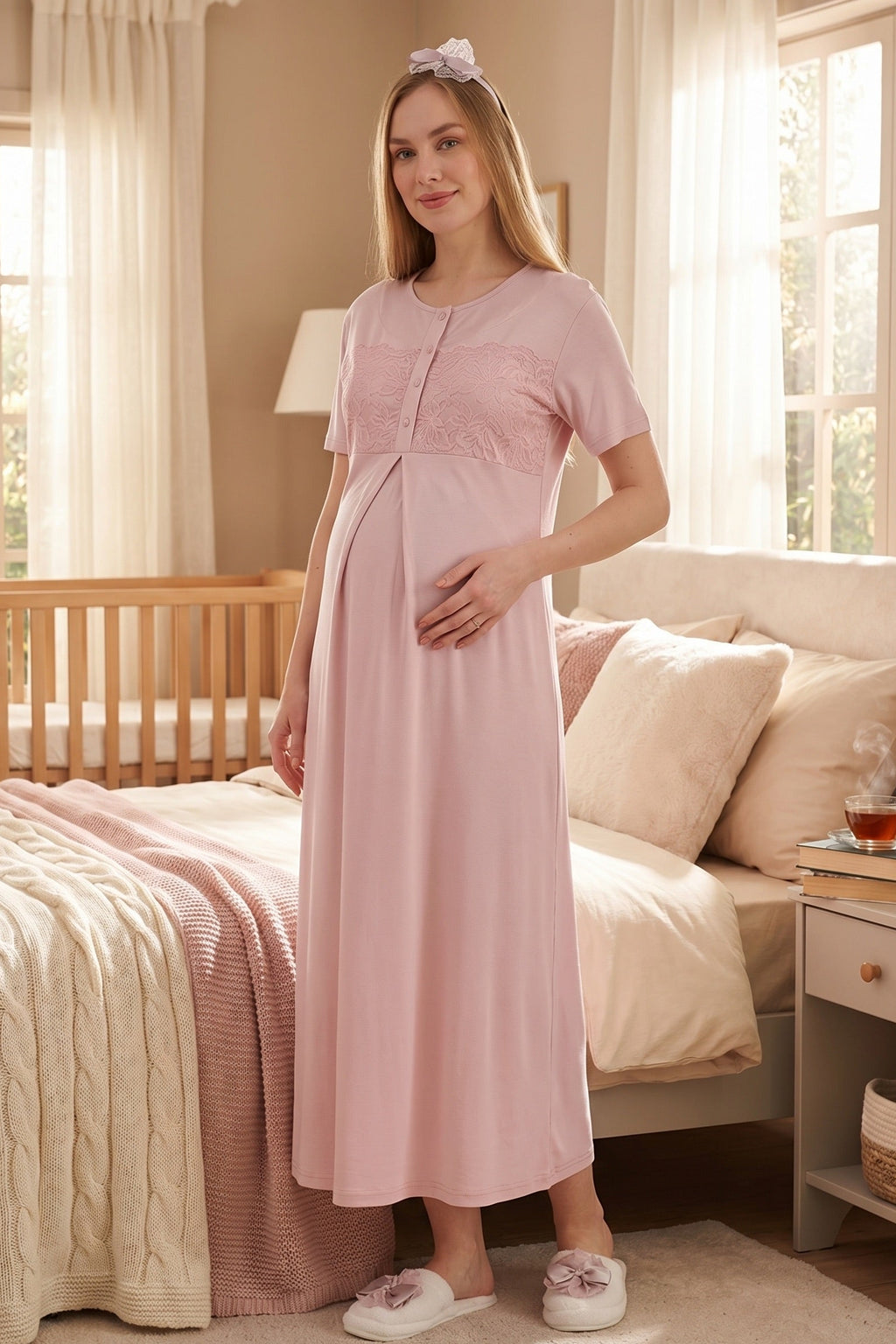 Classy Lace Collar Maternity-Nursing Nightgown & Jacquard Robe Set Powder - 2333