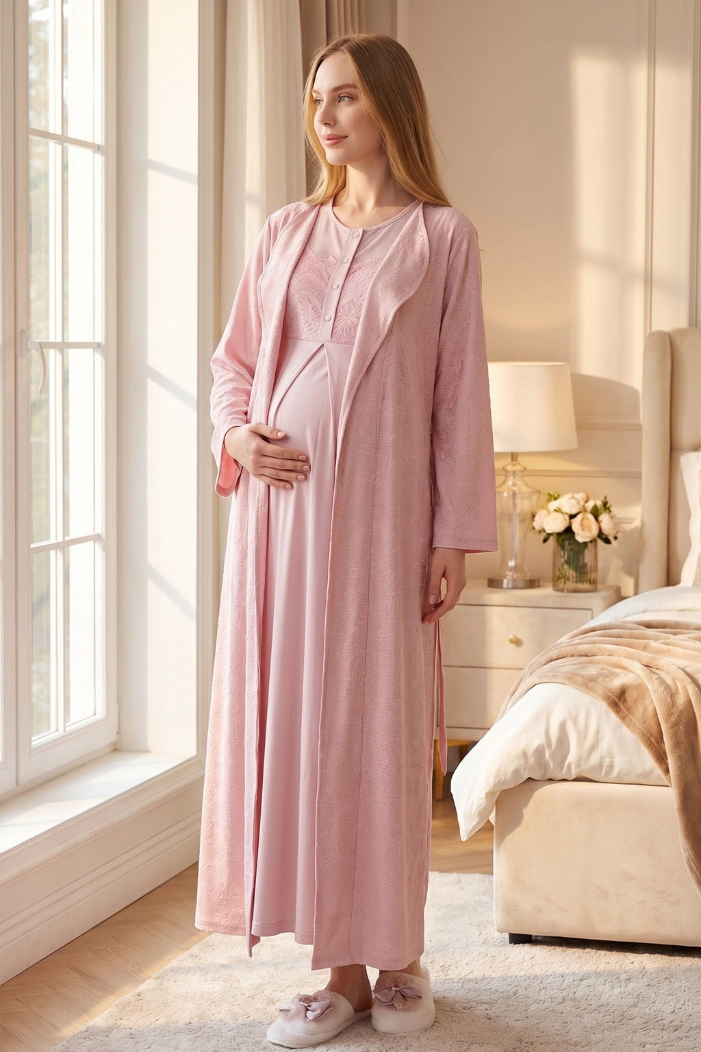 Classy Lace Collar Maternity-Nursing Nightgown & Jacquard Robe Set Powder - 2333