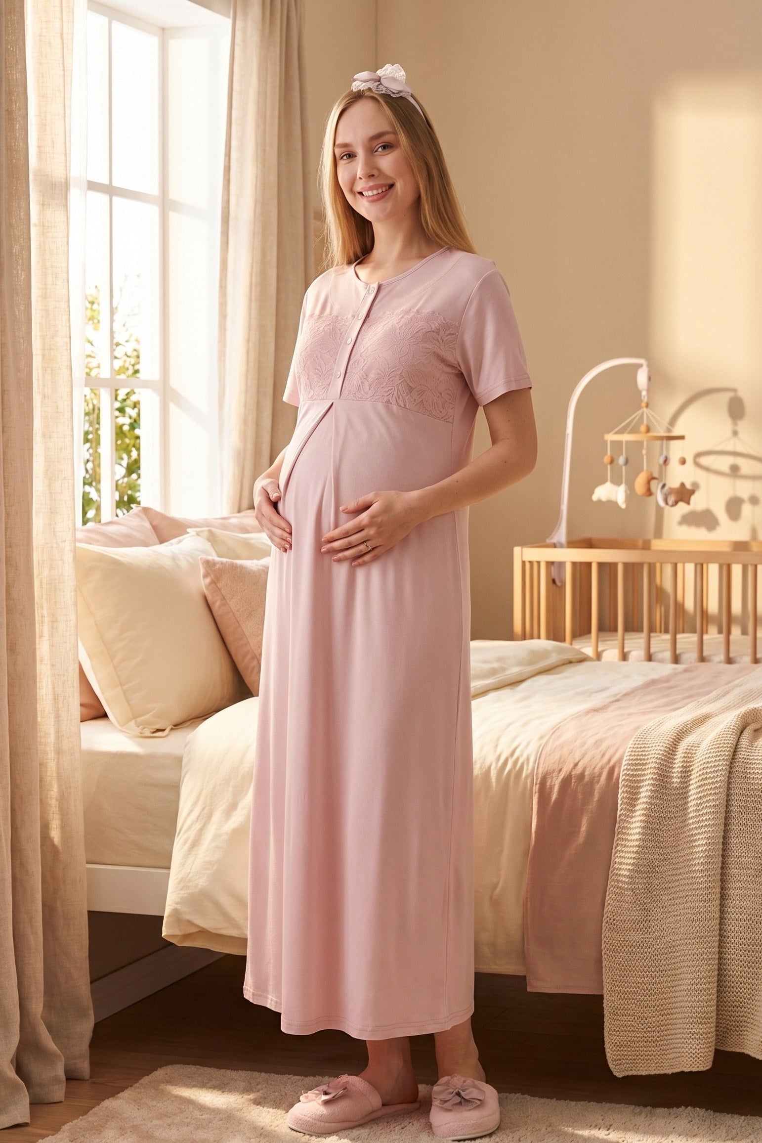 Classy Lace Collar Maternity-Nursing Nightgown & Jacquard Robe Set Powder - 2333