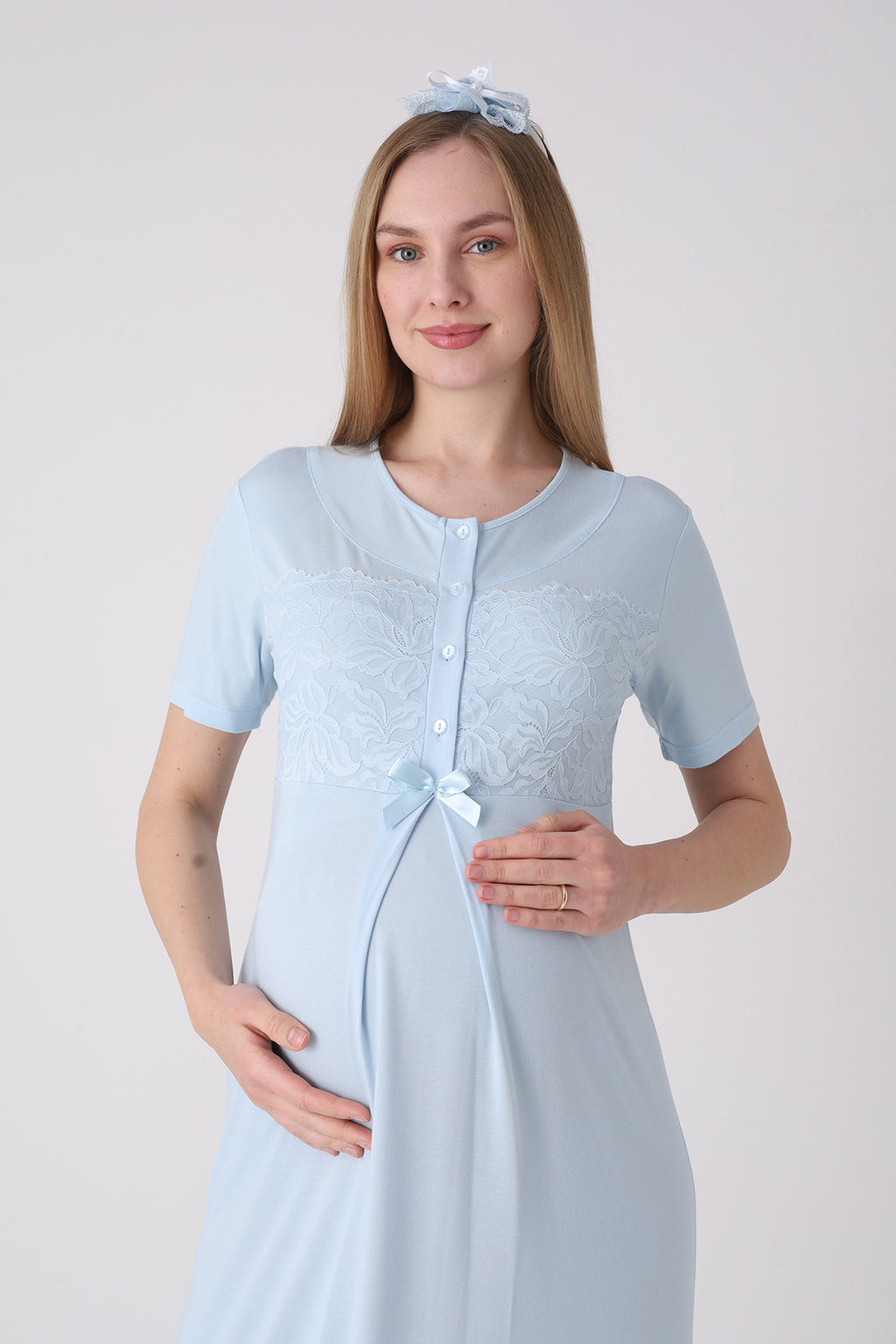 Classy Lace Collar Maternity-Nursing Nightgown & Jacquard Robe Set Blue - 2333