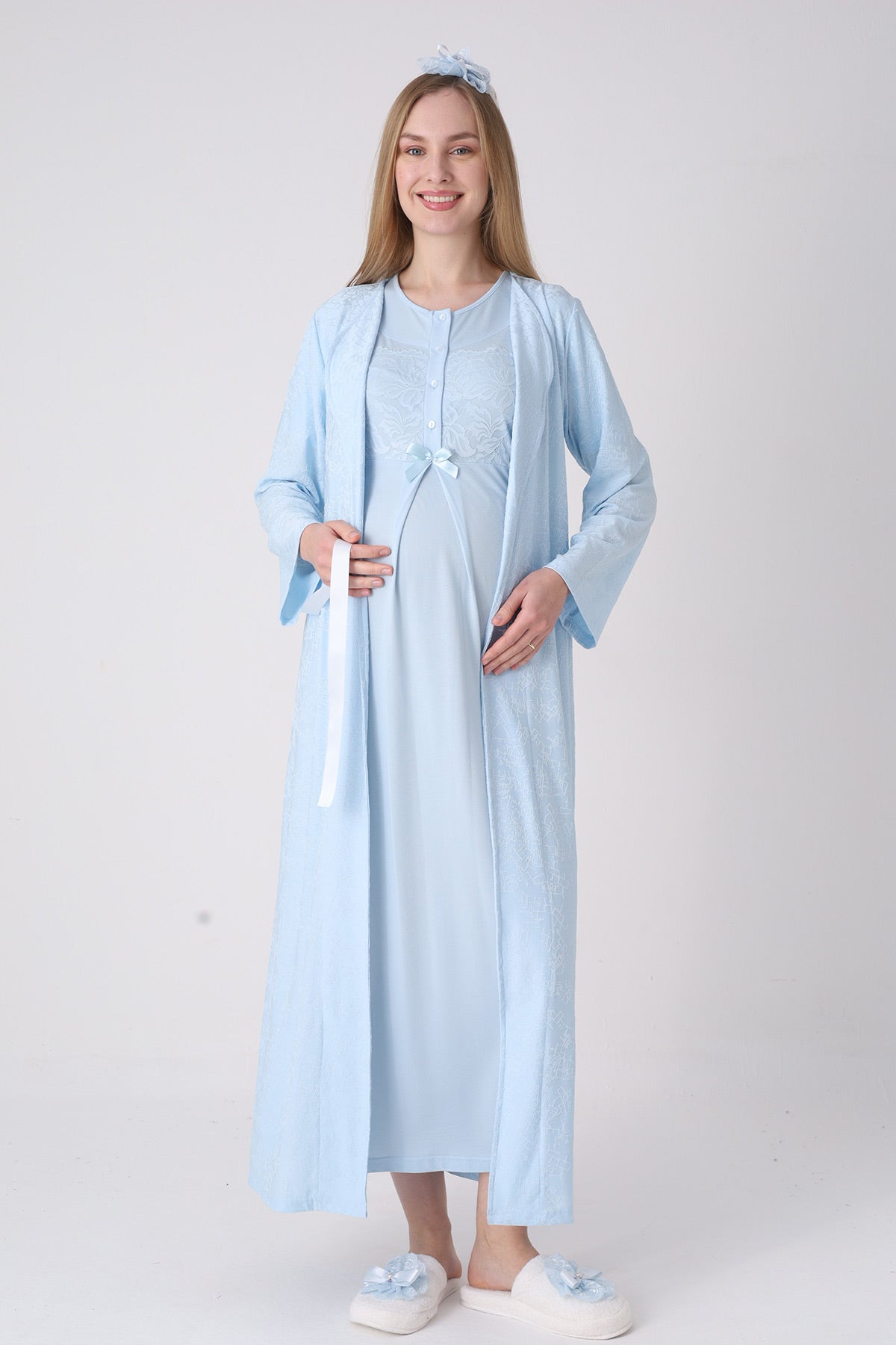 Classy Lace Collar Maternity-Nursing Nightgown & Jacquard Robe Set Blue - 2333