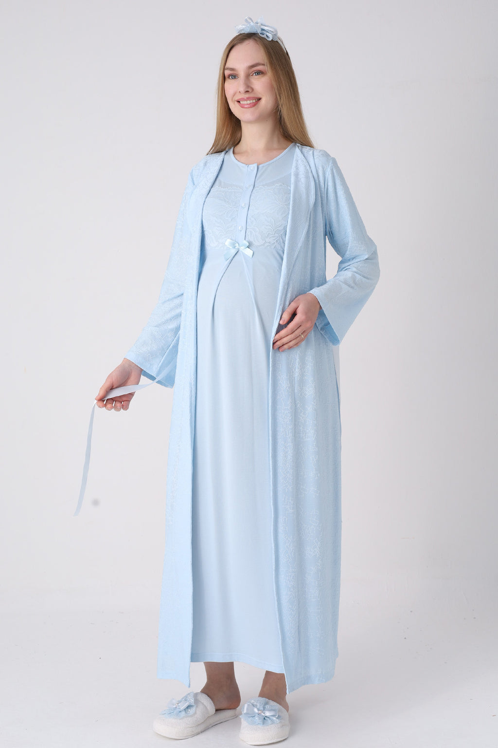 Classy Lace Collar Maternity-Nursing Nightgown & Jacquard Robe Set Blue - 2333
