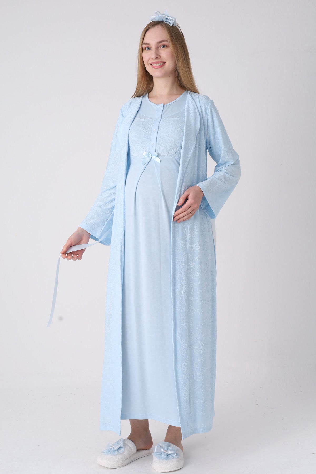 Classy Lace Collar Maternity-Nursing Nightgown & Jacquard Robe Set Blue - 2333