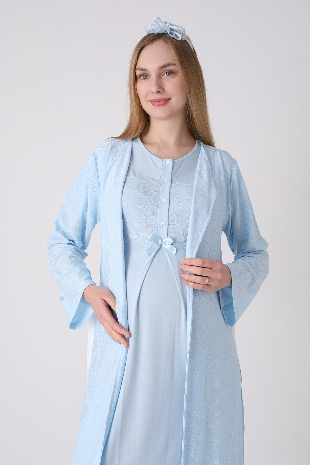 Classy Lace Collar Maternity-Nursing Nightgown & Jacquard Robe Set Blue - 2333
