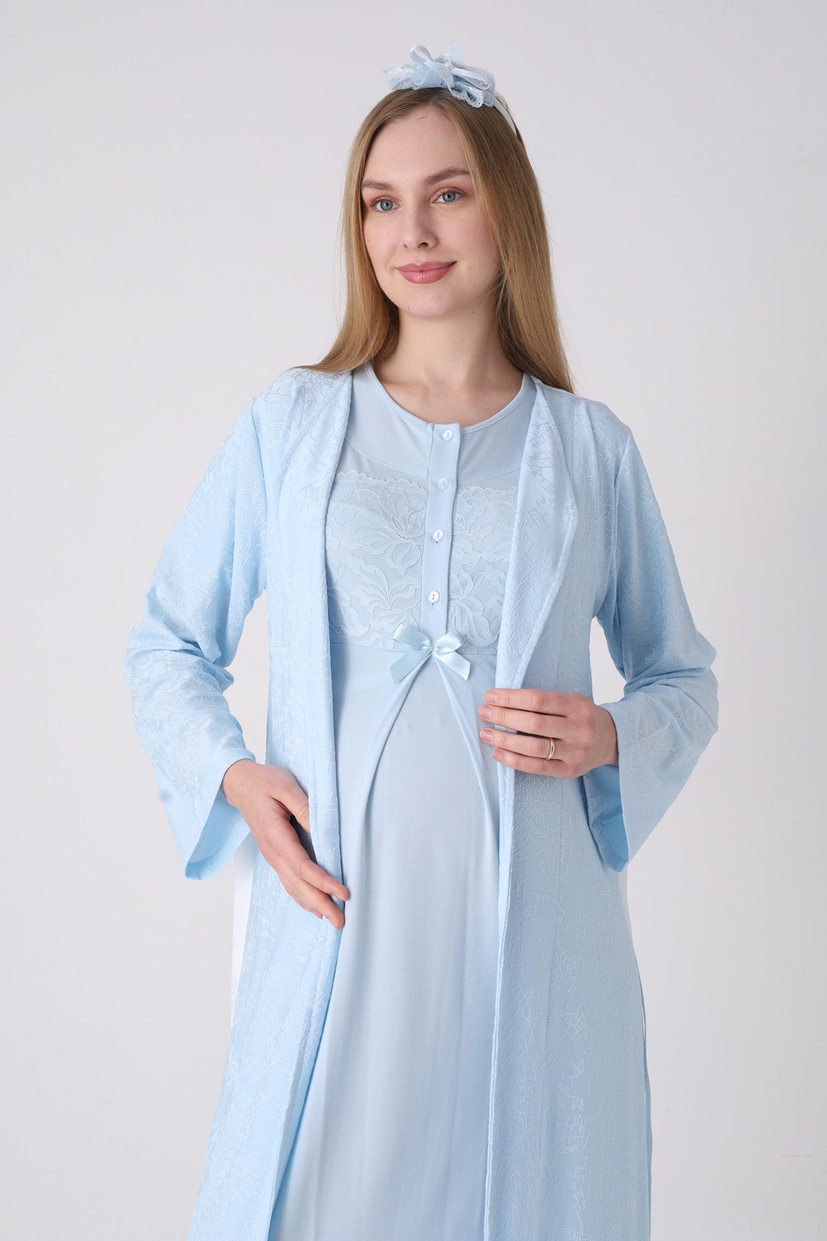 Classy Lace Collar Maternity-Nursing Nightgown & Jacquard Robe Set Blue - 2333
