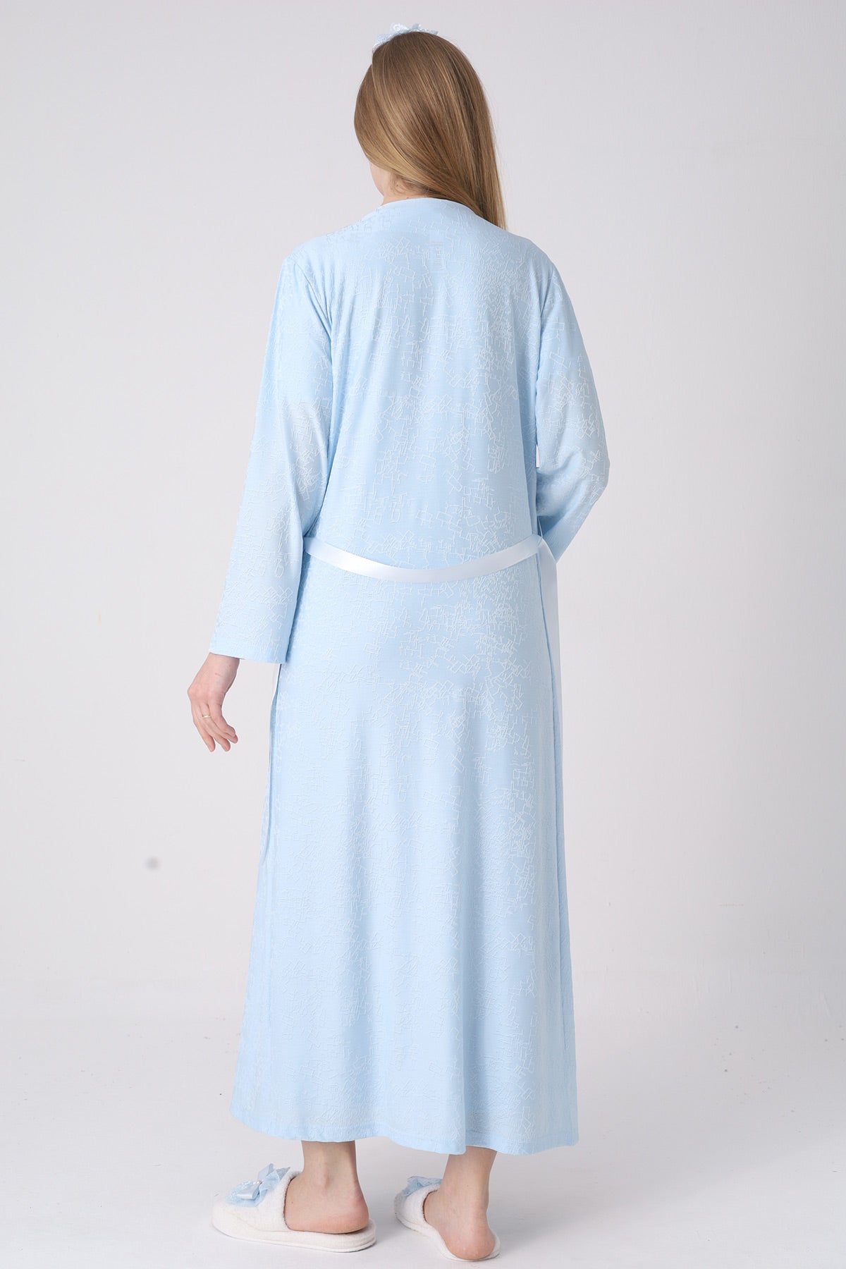 Classy Lace Collar Maternity-Nursing Nightgown & Jacquard Robe Set Blue - 2333