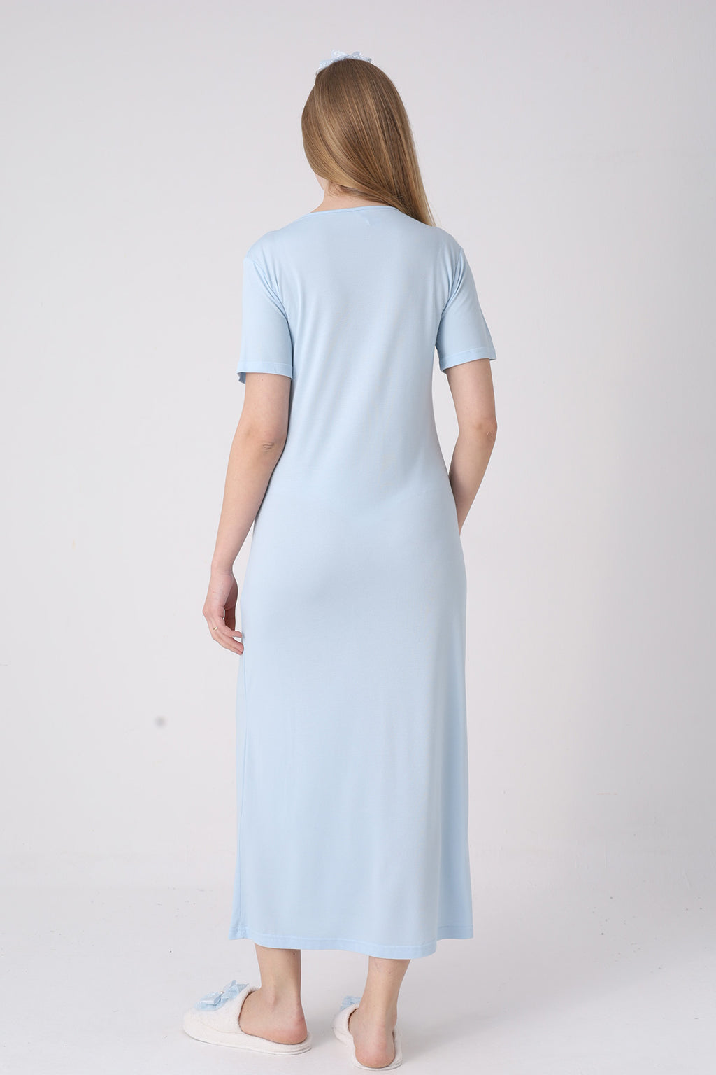 Classy Lace Collar Maternity-Nursing Nightgown & Jacquard Robe Set Blue - 2333