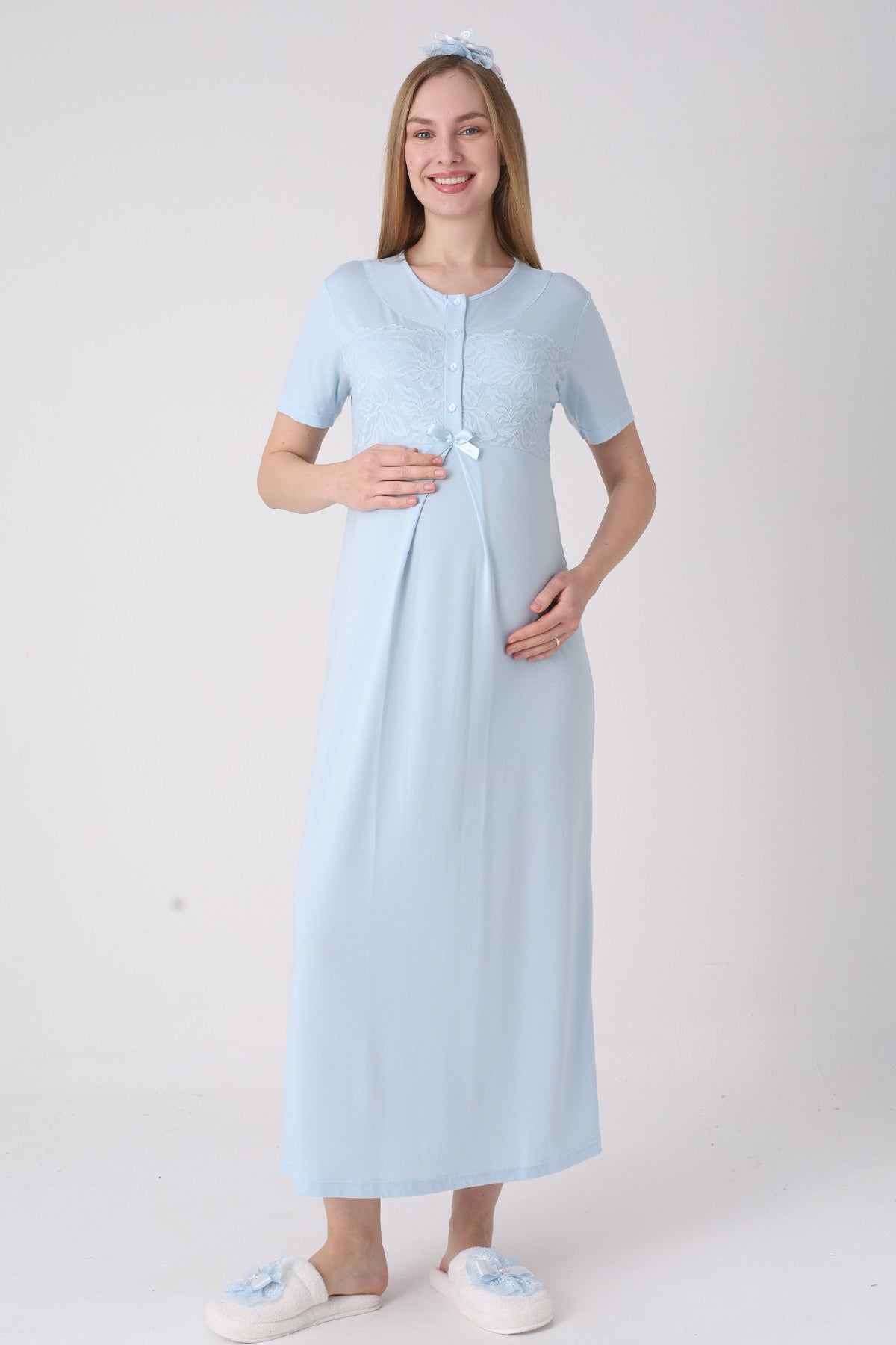 Classy Lace Collar Maternity-Nursing Nightgown & Jacquard Robe Set Blue - 2333
