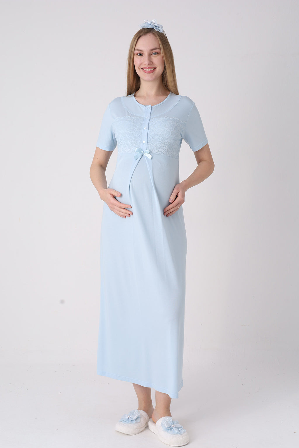 Classy Lace Collar Maternity-Nursing Nightgown & Jacquard Robe Set Blue - 2333