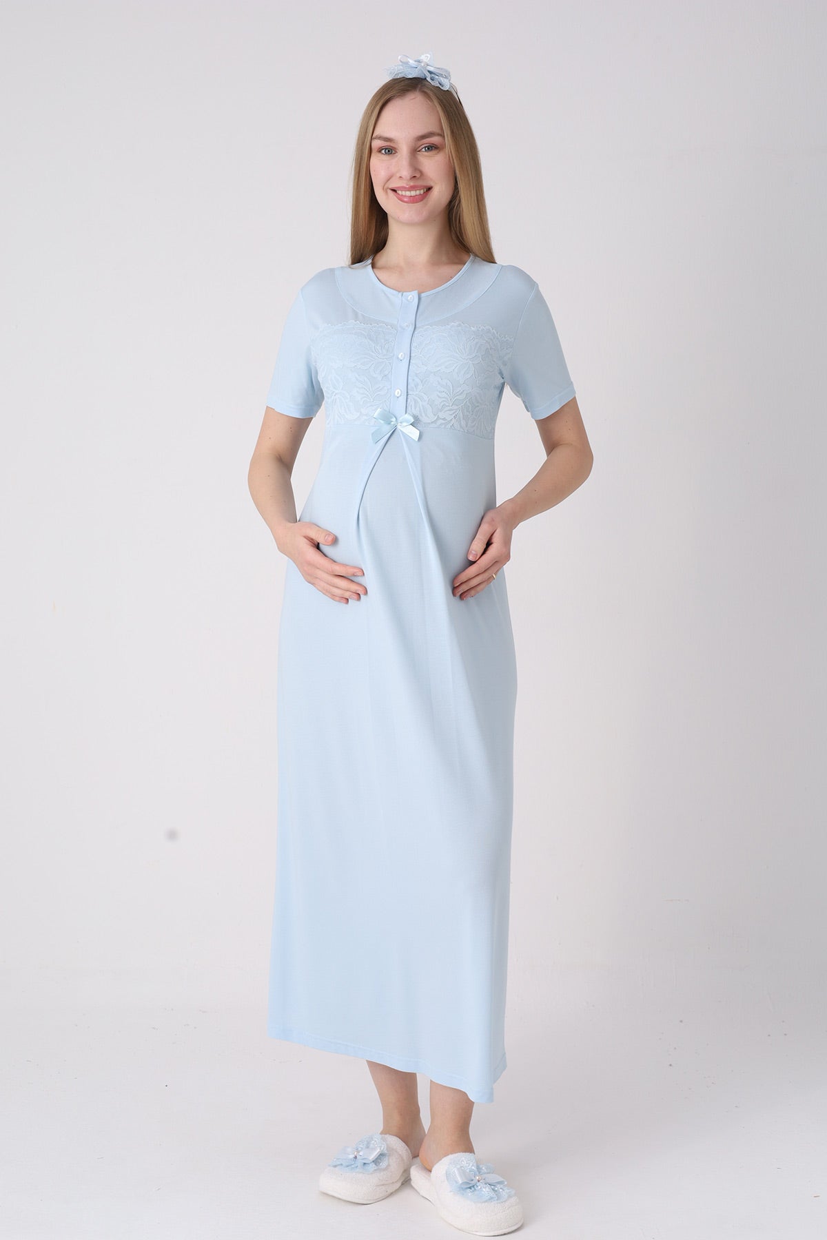 Classy Lace Collar Maternity-Nursing Nightgown & Jacquard Robe Set Blue - 2333
