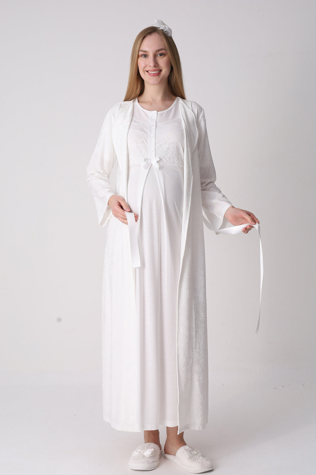 Classy Lace Collar Maternity-Nursing Nightgown & Jacquard Robe Set Ecru - 2333