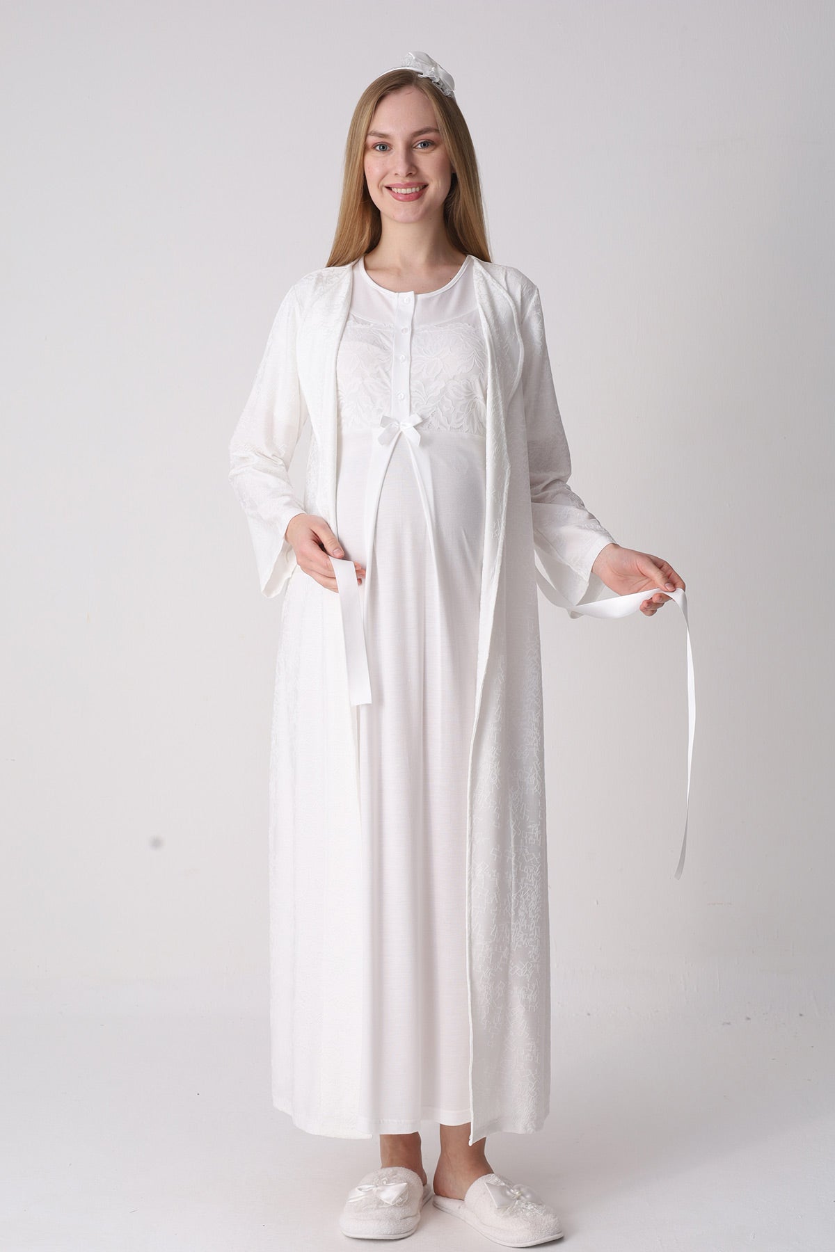 Classy Lace Collar Maternity-Nursing Nightgown & Jacquard Robe Set Ecru - 2333