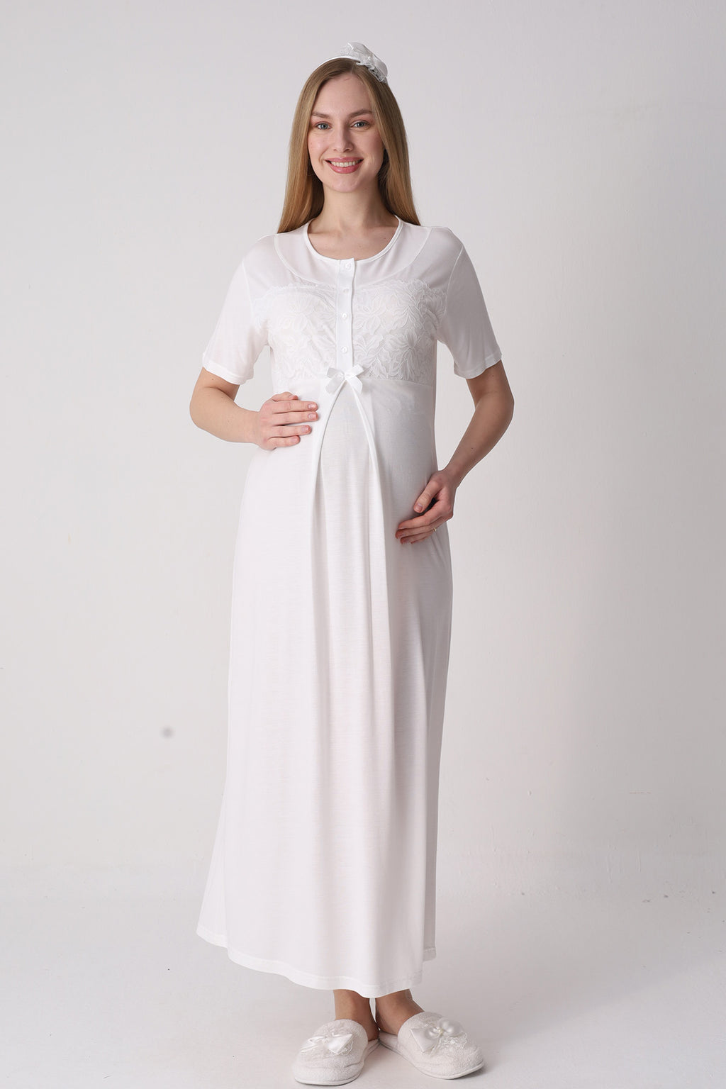 Classy Lace Collar Maternity-Nursing Nightgown & Jacquard Robe Set Ecru - 2333