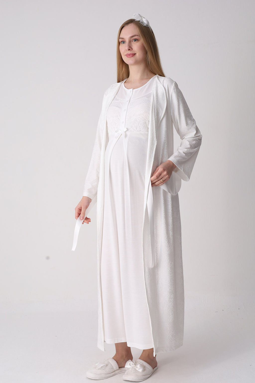 Classy Lace Collar Maternity-Nursing Nightgown & Jacquard Robe Set Ecru - 2333