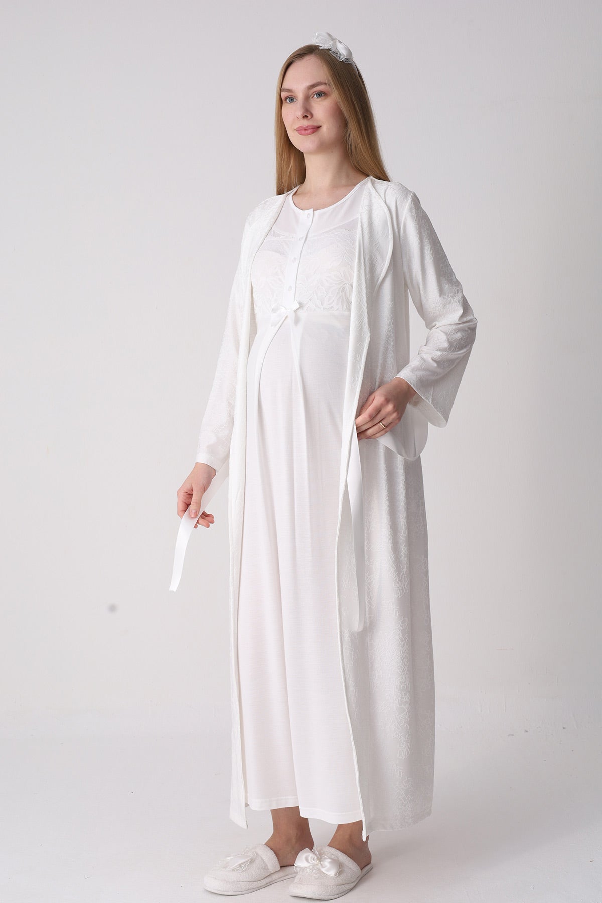 Classy Lace Collar Maternity-Nursing Nightgown & Jacquard Robe Set Ecru - 2333