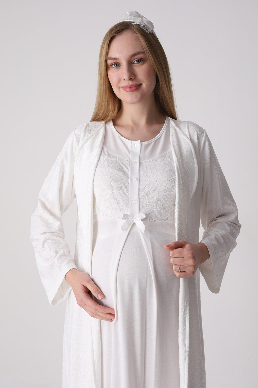Classy Lace Collar Maternity-Nursing Nightgown & Jacquard Robe Set Ecru - 2333