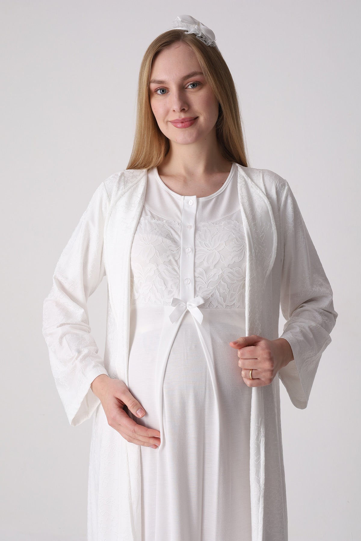 Classy Lace Collar Maternity-Nursing Nightgown & Jacquard Robe Set Ecru - 2333