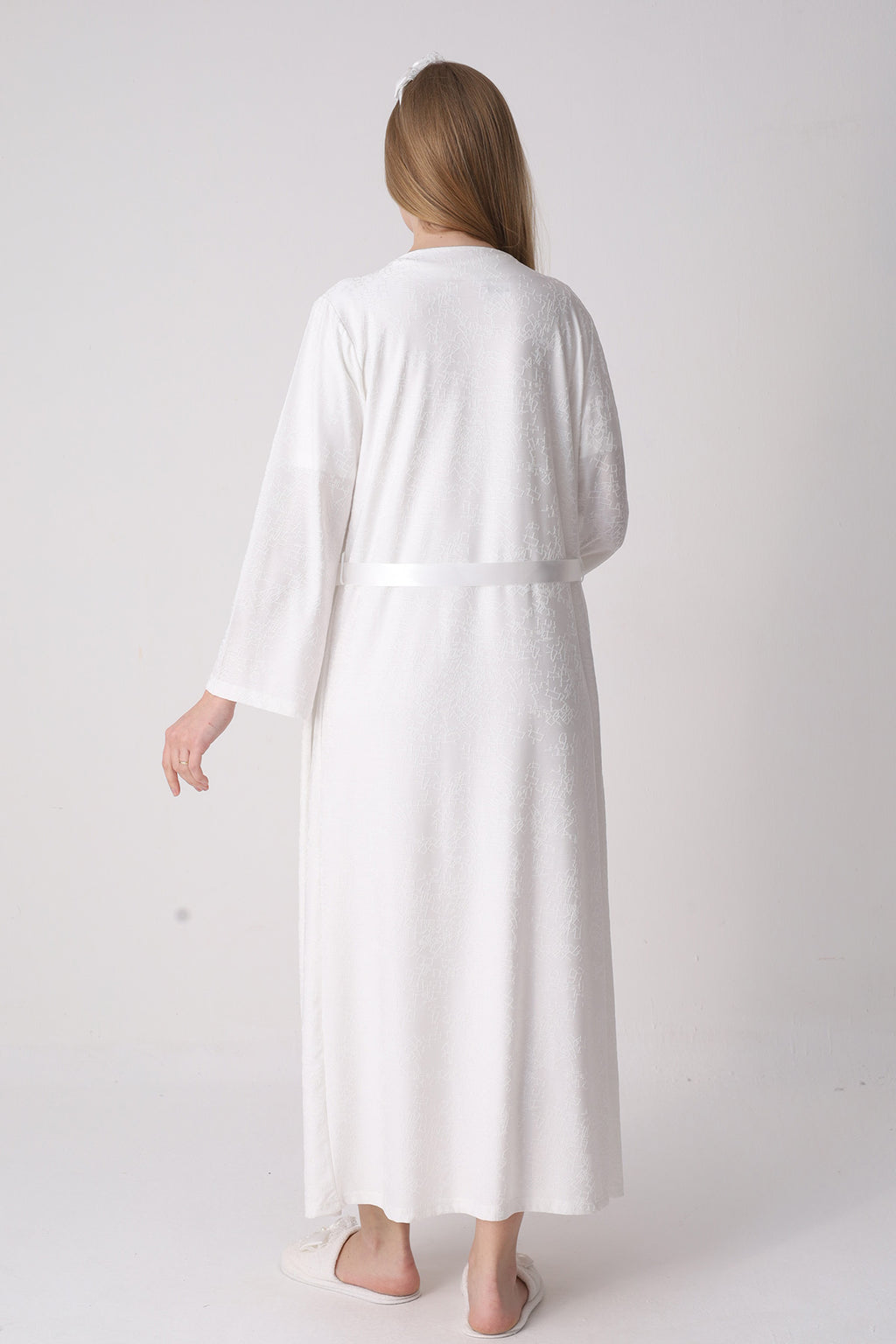 Classy Lace Collar Maternity-Nursing Nightgown & Jacquard Robe Set Ecru - 2333