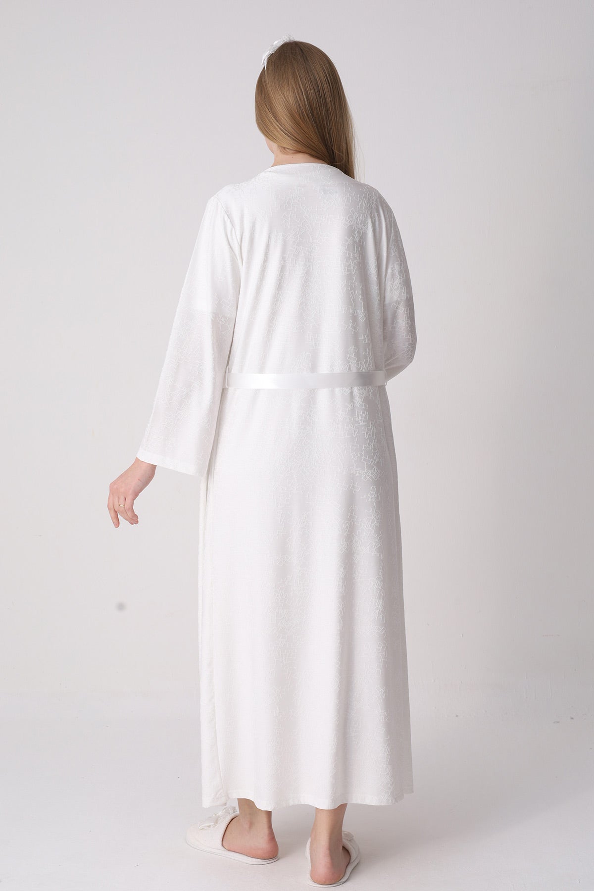 Classy Lace Collar Maternity-Nursing Nightgown & Jacquard Robe Set Ecru - 2333
