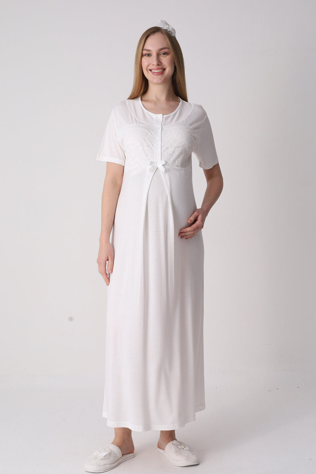 Classy Lace Collar Maternity-Nursing Nightgown & Jacquard Robe Set Ecru - 2333