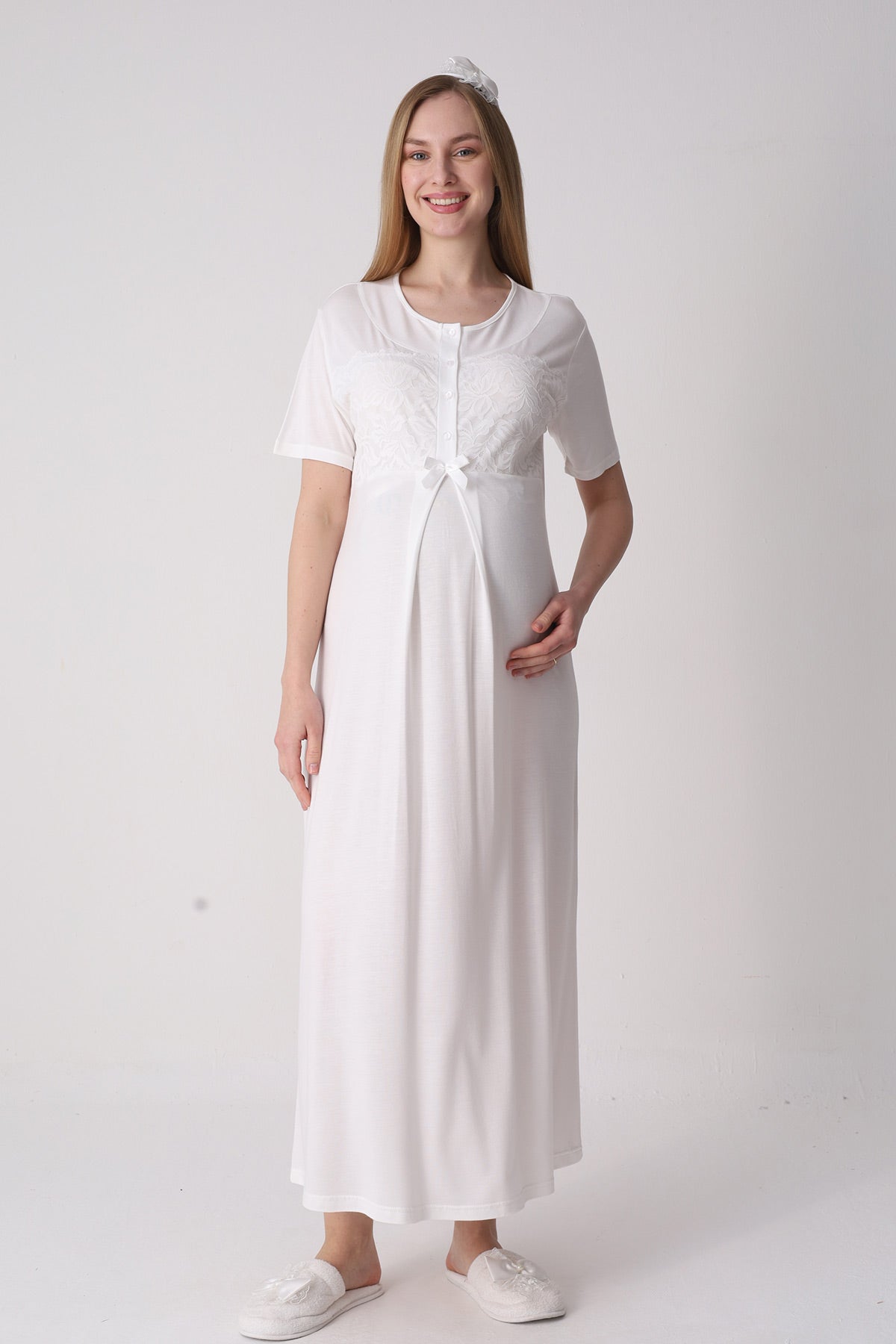Classy Lace Collar Maternity-Nursing Nightgown & Jacquard Robe Set Ecru - 2333