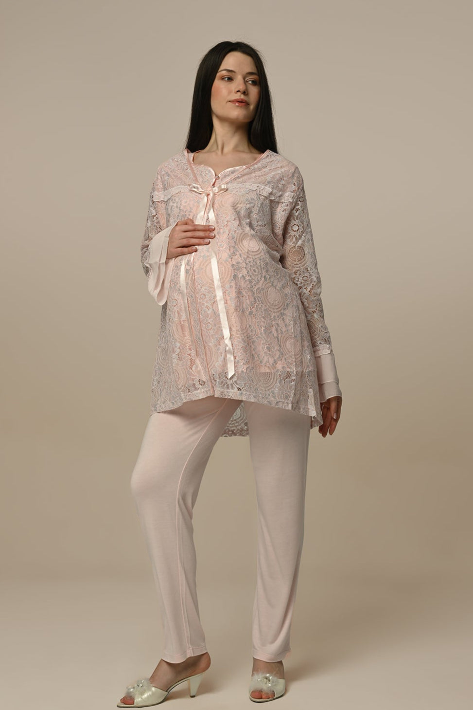 Tulle Sleeve 3-Piece Maternity-Nursing Pajama & Lace Robe Set - 23341