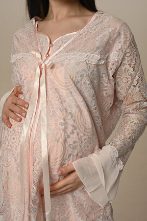 Tulle Sleeve 3-Piece Maternity-Nursing Pajama & Lace Robe Set - 23341