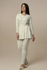 Lace Embroidered 3-Piece Maternity-Nursing Pajama & Robe Set Ecru - 23344