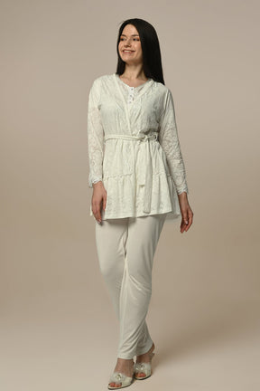 Lace Embroidered 3-Piece Maternity-Nursing Pajama & Robe Set Ecru - 23344