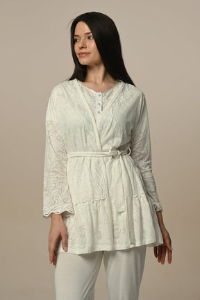 Lace Embroidered 3-Piece Maternity-Nursing Pajama & Robe Set Ecru - 23344