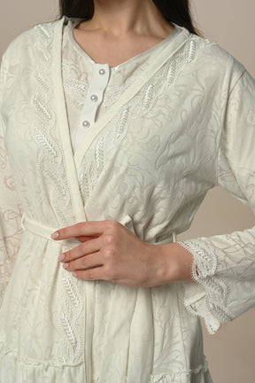 Lace Embroidered 3-Piece Maternity-Nursing Pajama & Robe Set Ecru - 23344