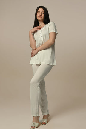 Lace Embroidered 3-Piece Maternity-Nursing Pajama & Robe Set Ecru - 23344