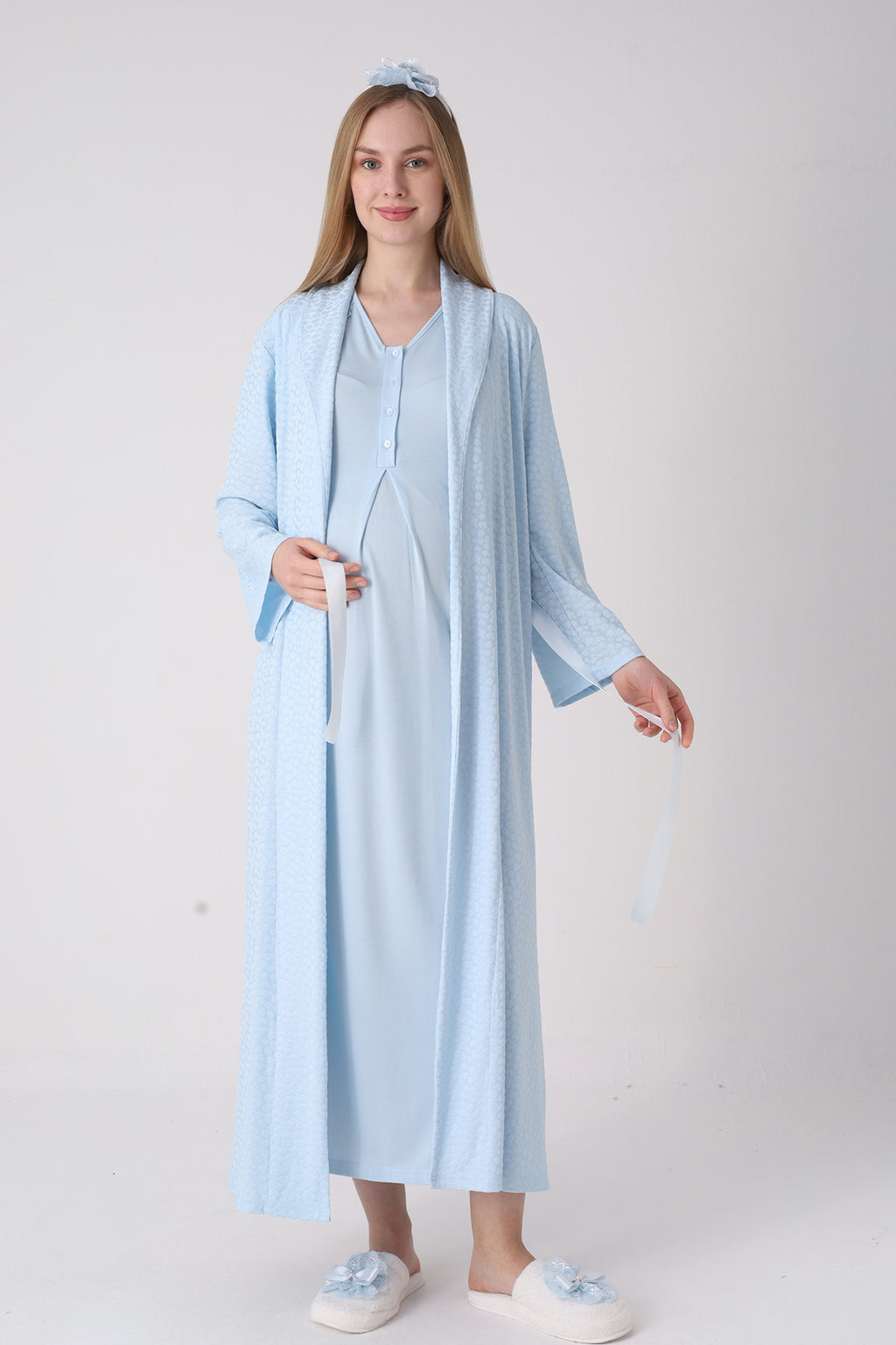 Elegant Lace Detailed Maternity-Nursing Nightgown & Jacquard Robe Set Blue - 2334