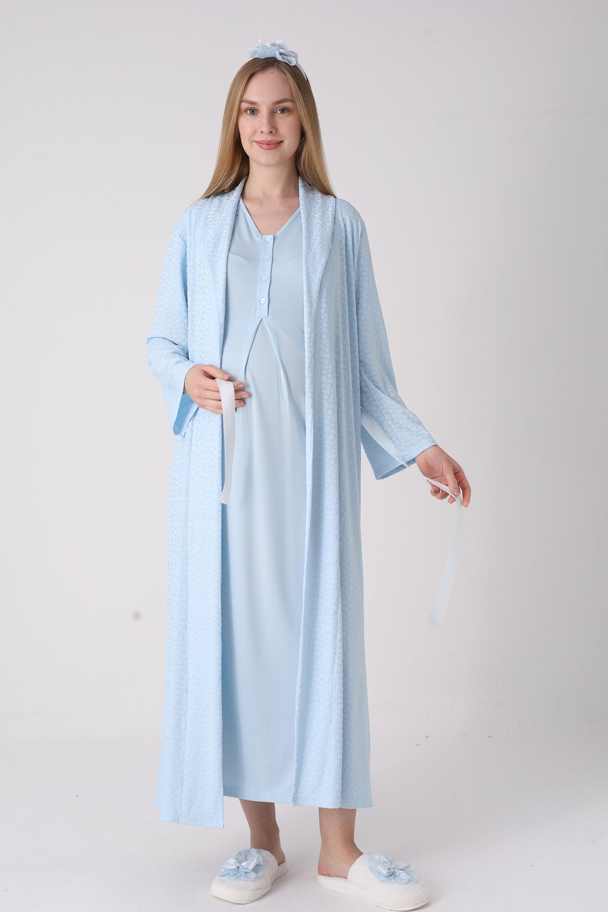 Elegant Lace Detailed Maternity-Nursing Nightgown & Jacquard Robe Set Blue - 2334