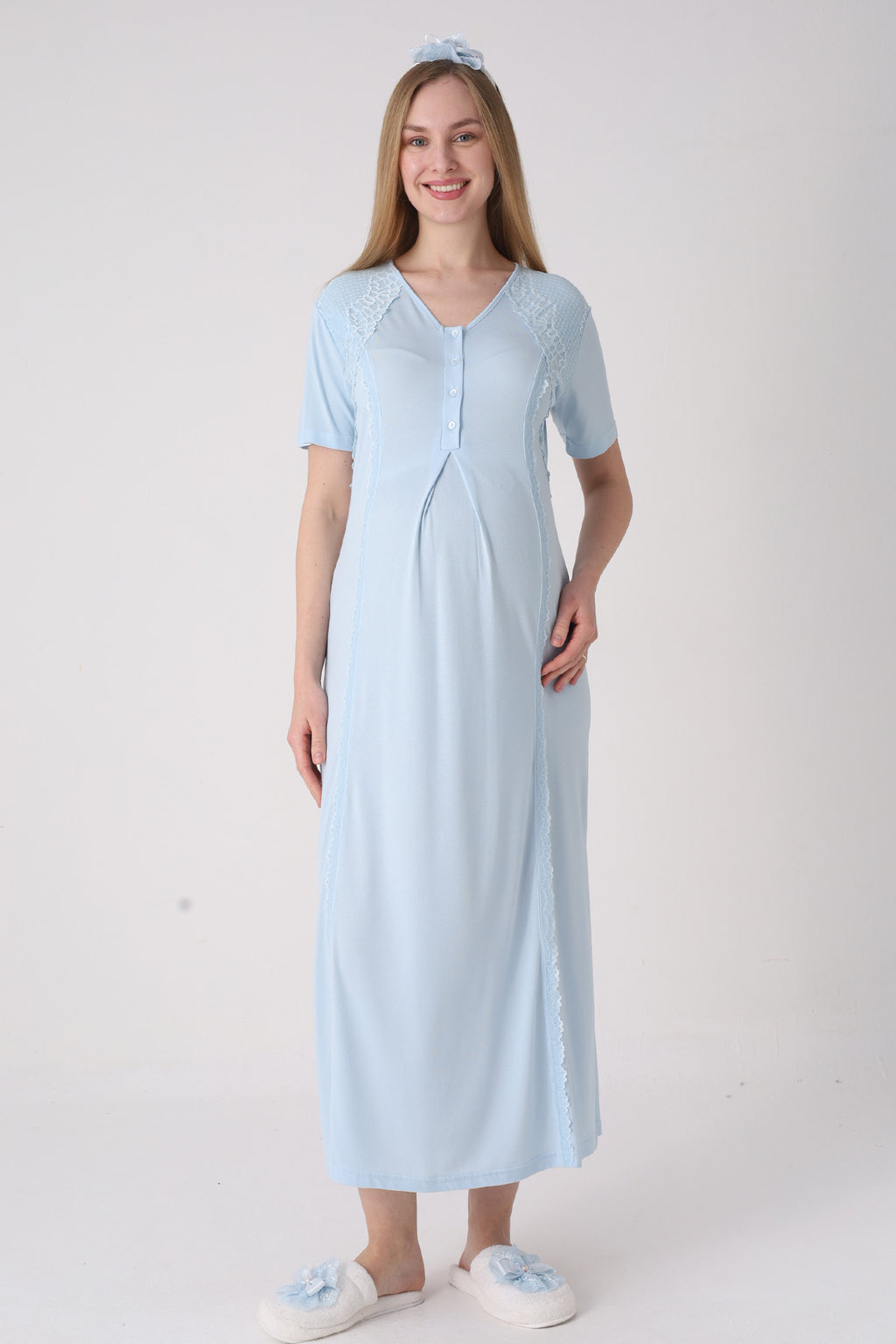 Elegant Lace Detailed Maternity-Nursing Nightgown & Jacquard Robe Set Blue - 2334