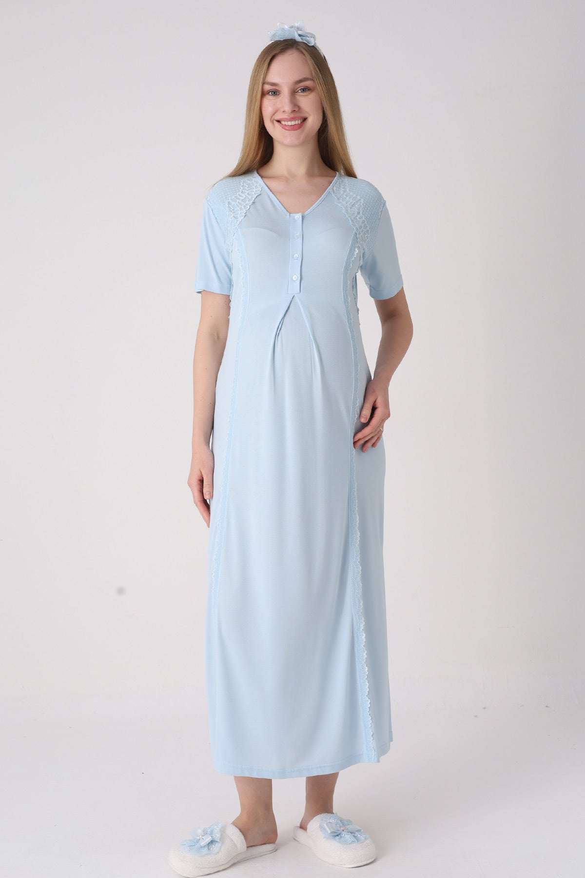 Elegant Lace Detailed Maternity-Nursing Nightgown & Jacquard Robe Set Blue - 2334