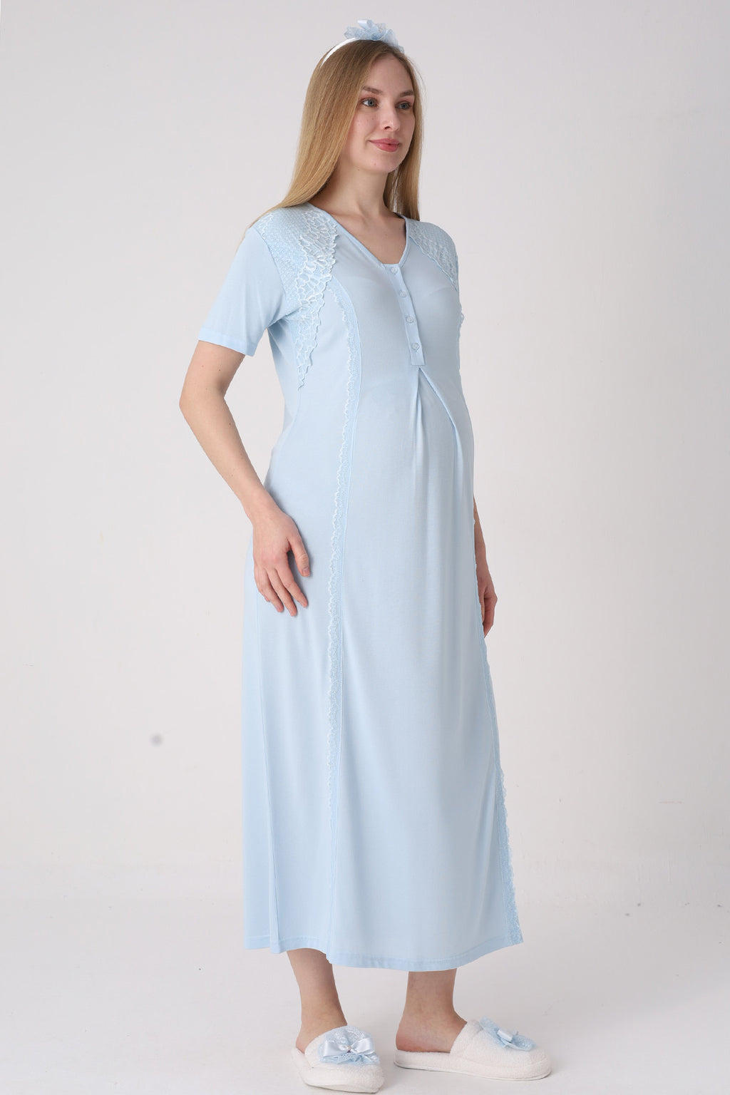 Elegant Lace Detailed Maternity-Nursing Nightgown & Jacquard Robe Set Blue - 2334