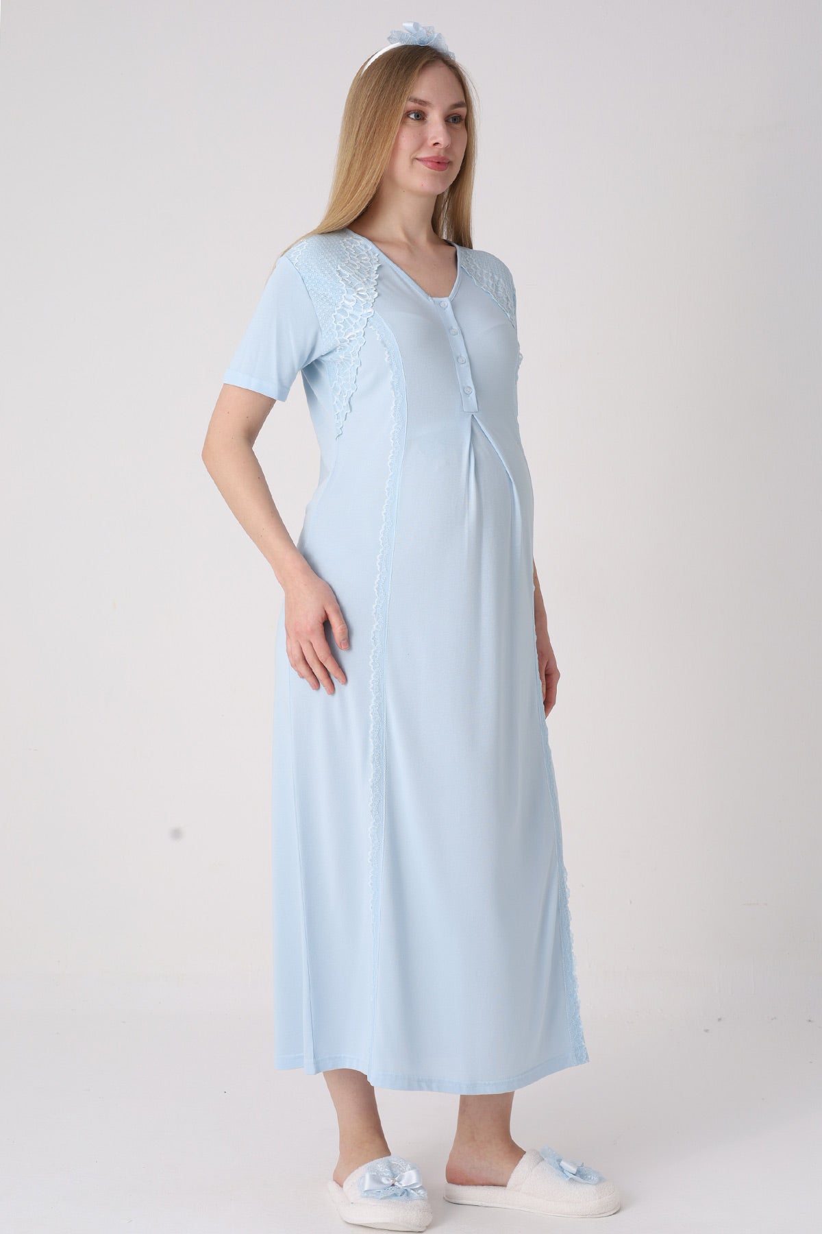 Elegant Lace Detailed Maternity-Nursing Nightgown & Jacquard Robe Set Blue - 2334