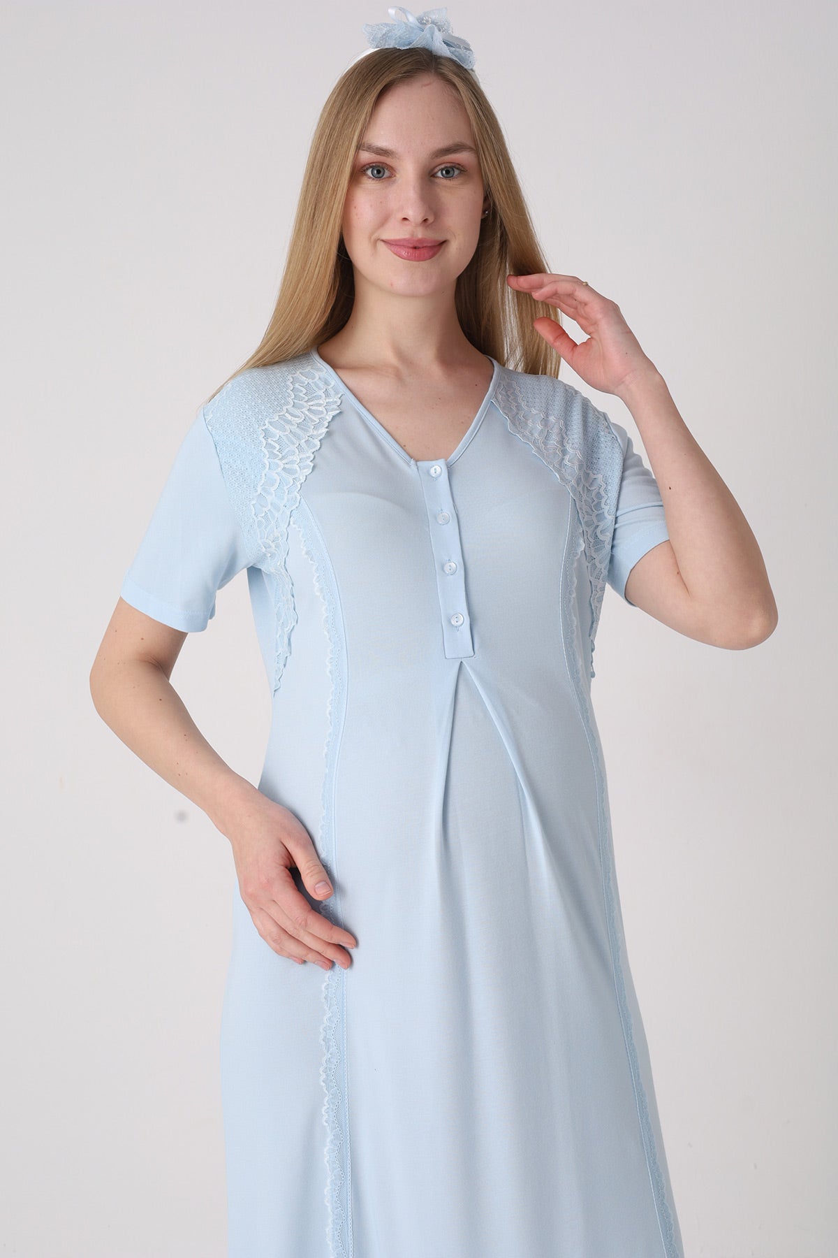 Elegant Lace Detailed Maternity-Nursing Nightgown & Jacquard Robe Set Blue - 2334